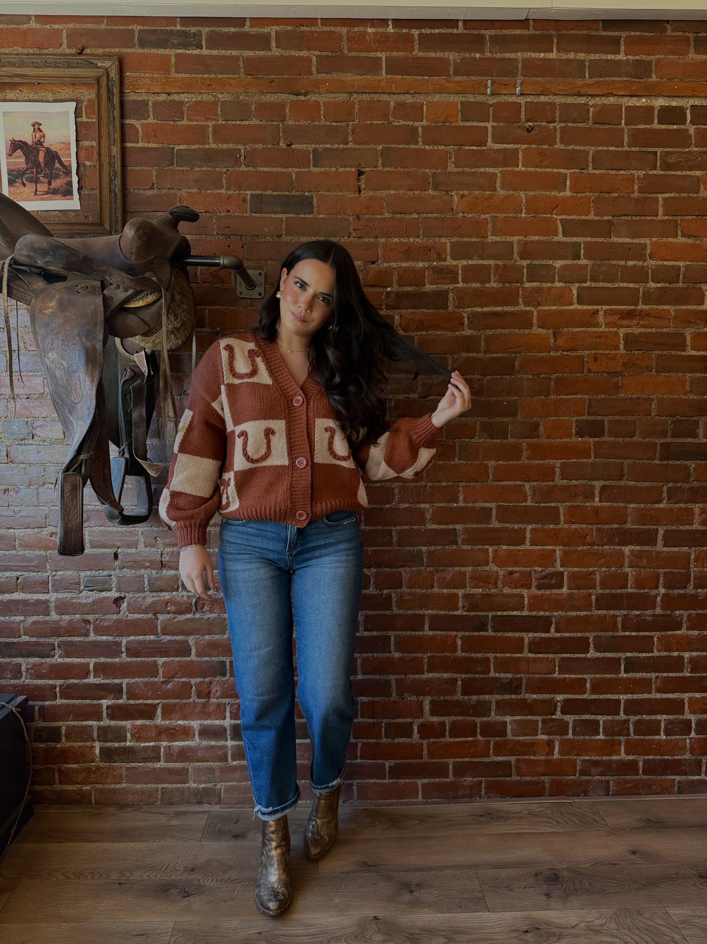 Jaenie Checkered Horseshoe Cardigan