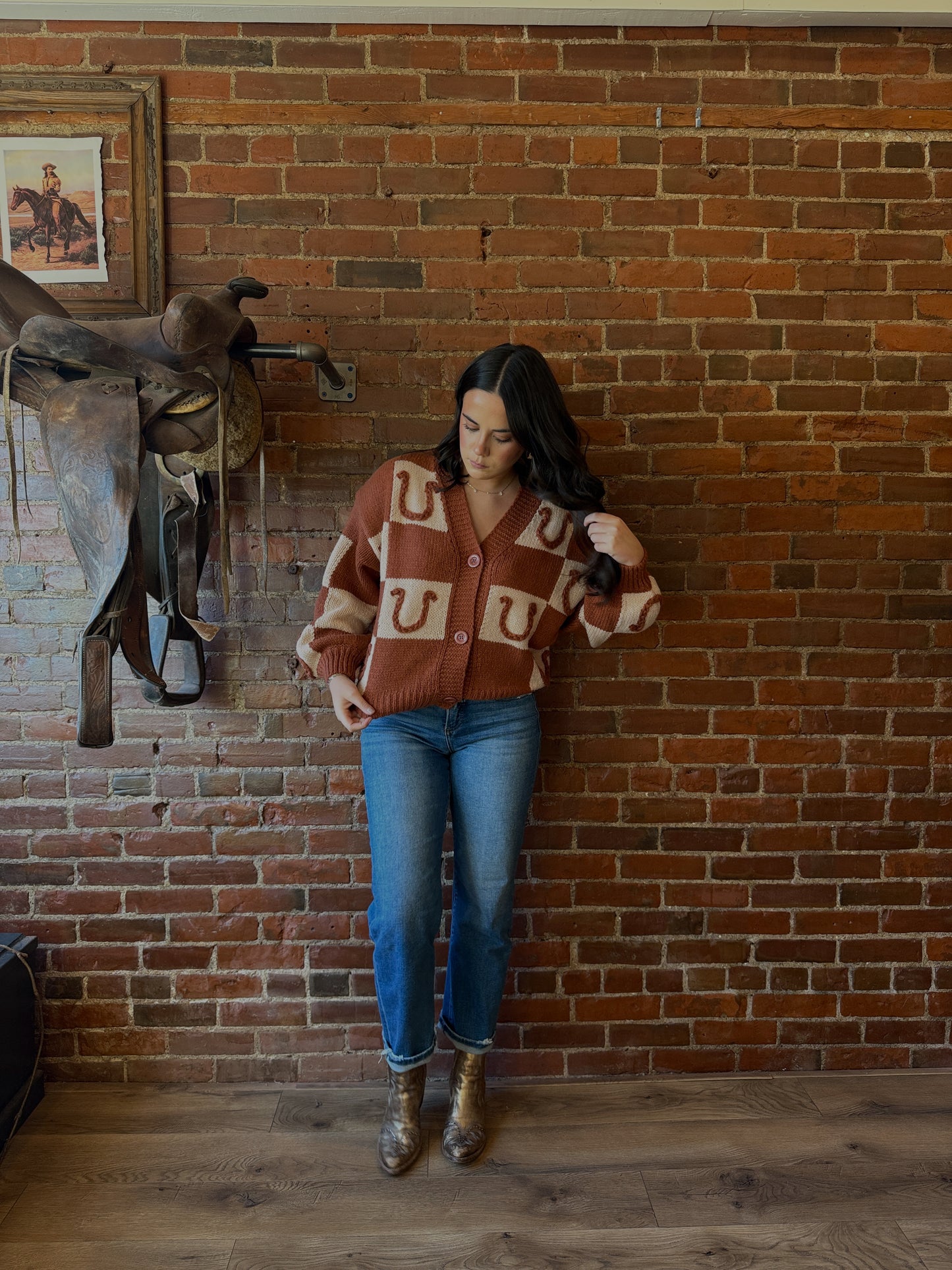 Jaenie Checkered Horseshoe Cardigan