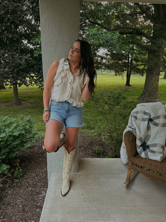Kendra Crochet Ruffle Button Vest